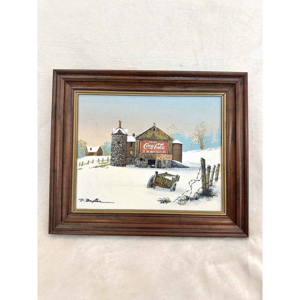 Vintage Coca Cola Farm / Barn scenery 12.25"×10.25". D. Baxter artist Framed